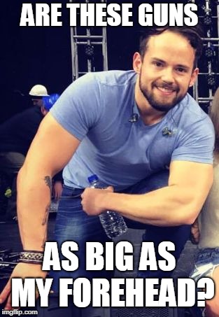 Self Absorbed Sam | ARE THESE GUNS; AS BIG AS MY FOREHEAD? | image tagged in self absorbed sam | made w/ Imgflip meme maker
