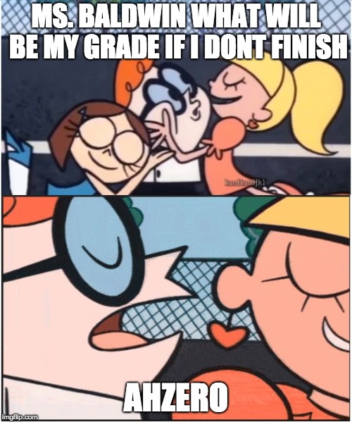 Dexters Lab | MS. BALDWIN WHAT WILL BE MY GRADE IF I DONT FINISH; AHZERO | image tagged in dexters lab | made w/ Imgflip meme maker