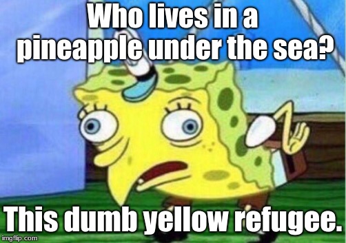 Mocking Spongebob Meme | Who lives in a pineapple under the sea? This dumb yellow refugee. | image tagged in memes,mocking spongebob | made w/ Imgflip meme maker