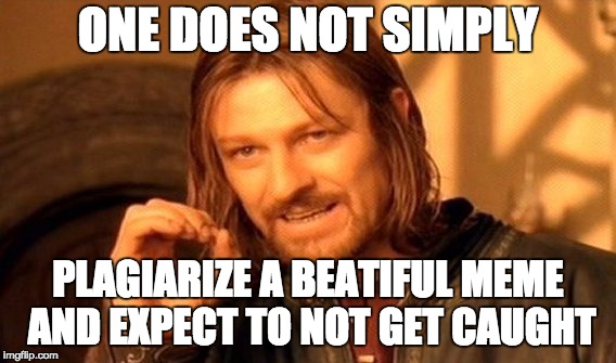 One Does Not Simply Meme | ONE DOES NOT SIMPLY PLAGIARIZE A BEATIFUL MEME AND EXPECT TO NOT GET CAUGHT | image tagged in memes,one does not simply | made w/ Imgflip meme maker