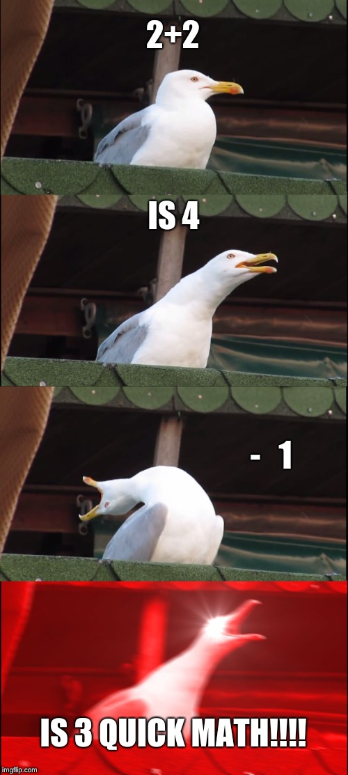 Inhaling Seagull Meme | 2+2; IS 4; -   1; IS 3 QUICK MATH!!!! | image tagged in memes,inhaling seagull | made w/ Imgflip meme maker