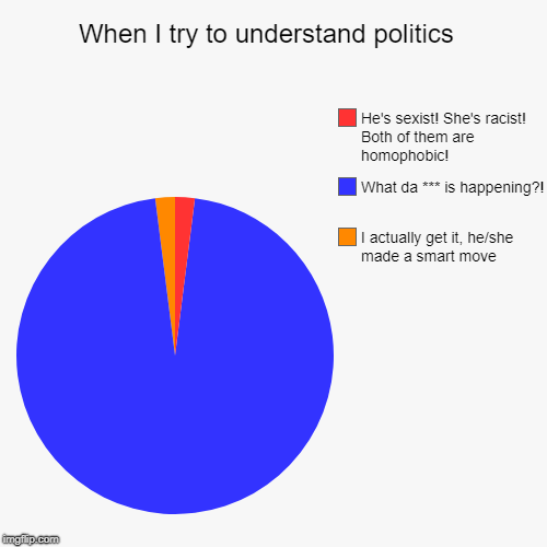 When I try to understand politics  | I actually get it, he/she made a smart move, What da *** is happening?! , He's sexist! She's racist! Bo | image tagged in funny,pie charts | made w/ Imgflip chart maker