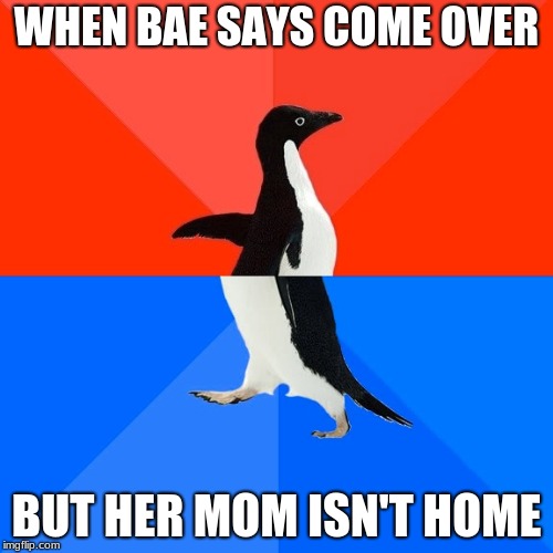 Socially Awesome Awkward Penguin | WHEN BAE SAYS COME OVER; BUT HER MOM ISN'T HOME | image tagged in memes,socially awesome awkward penguin | made w/ Imgflip meme maker