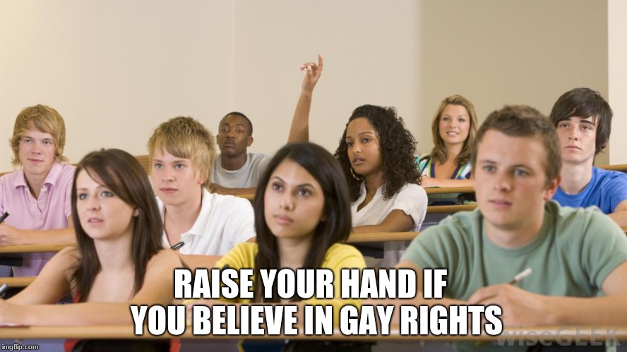 RAISE YOUR HAND IF  YOU BELIEVE IN GAY RIGHTS | image tagged in gay,gay pride,class,school,teacher,memes | made w/ Imgflip meme maker
