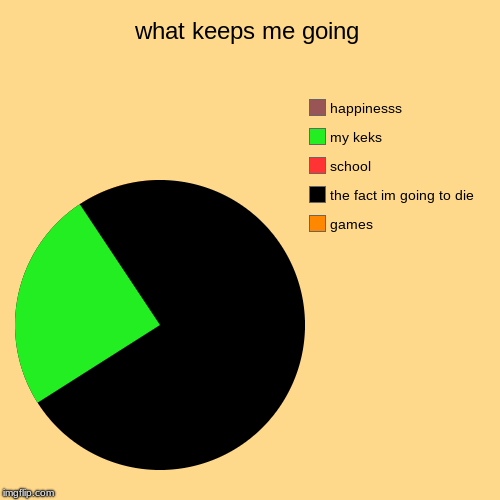 what keeps me going | games, the fact im going to die, school, my keks, happinesss | image tagged in funny,pie charts | made w/ Imgflip chart maker