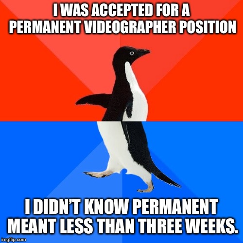 Socially Awesome Awkward Penguin Meme | I WAS ACCEPTED FOR A PERMANENT VIDEOGRAPHER POSITION; I DIDN’T KNOW PERMANENT MEANT LESS THAN THREE WEEKS. | image tagged in memes,socially awesome awkward penguin | made w/ Imgflip meme maker