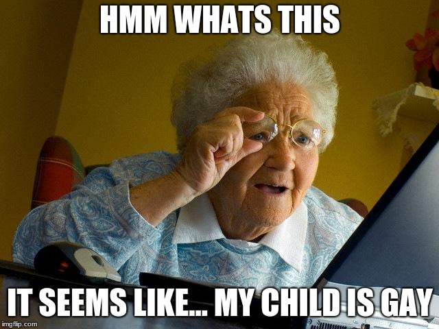 Grandma Finds The Internet | HMM WHATS THIS; IT SEEMS LIKE... MY CHILD IS GAY | image tagged in memes,grandma finds the internet | made w/ Imgflip meme maker