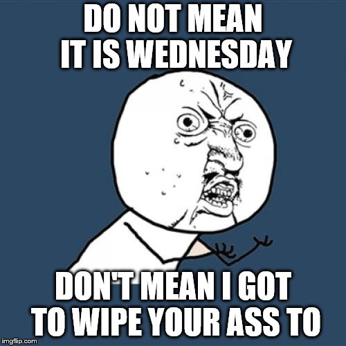 wednesday | DO NOT MEAN IT IS WEDNESDAY; DON'T MEAN I GOT TO WIPE YOUR ASS TO | image tagged in memes,y u no,wednesday,funny,funny memes,funny meme | made w/ Imgflip meme maker