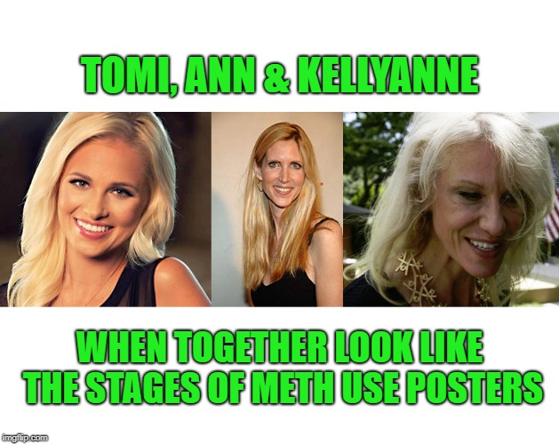 Meth = Death |  TOMI, ANN & KELLYANNE; WHEN TOGETHER LOOK LIKE THE STAGES OF METH USE POSTERS | image tagged in tomi lahren,ann coulter,kellyanne conway,meth,politics,drugs | made w/ Imgflip meme maker