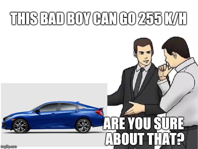 Car Salesman Slaps Hood Meme | THIS BAD BOY CAN GO 255 K/H; ARE YOU SURE ABOUT THAT? | image tagged in memes,car salesman slaps hood | made w/ Imgflip meme maker