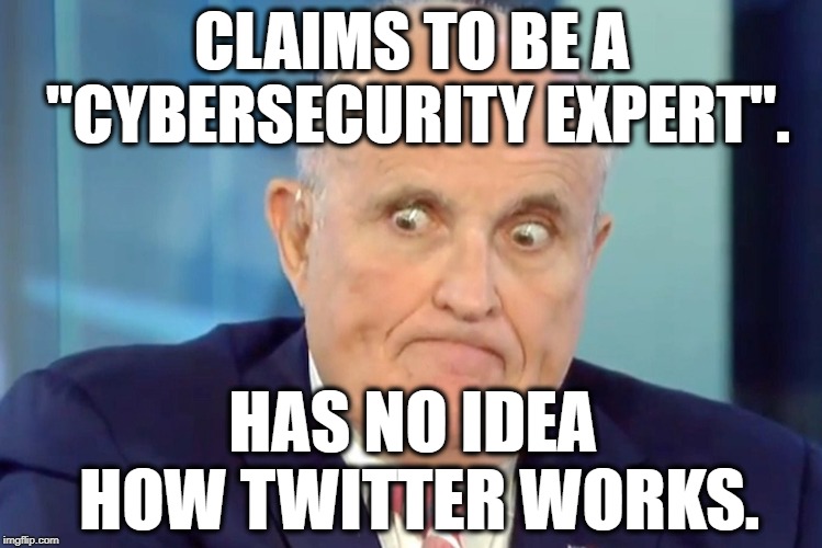 "Twitter allowed hackers to invade my text!" (He really said that.) | CLAIMS TO BE A "CYBERSECURITY EXPERT". HAS NO IDEA HOW TWITTER WORKS. | image tagged in rudy giuliani,giuliani,donald trump,robert mueller,twitter,security | made w/ Imgflip meme maker