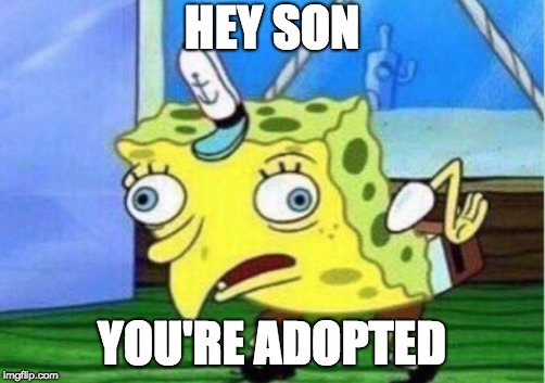 Mocking Spongebob | HEY SON; YOU'RE ADOPTED | image tagged in memes,mocking spongebob | made w/ Imgflip meme maker