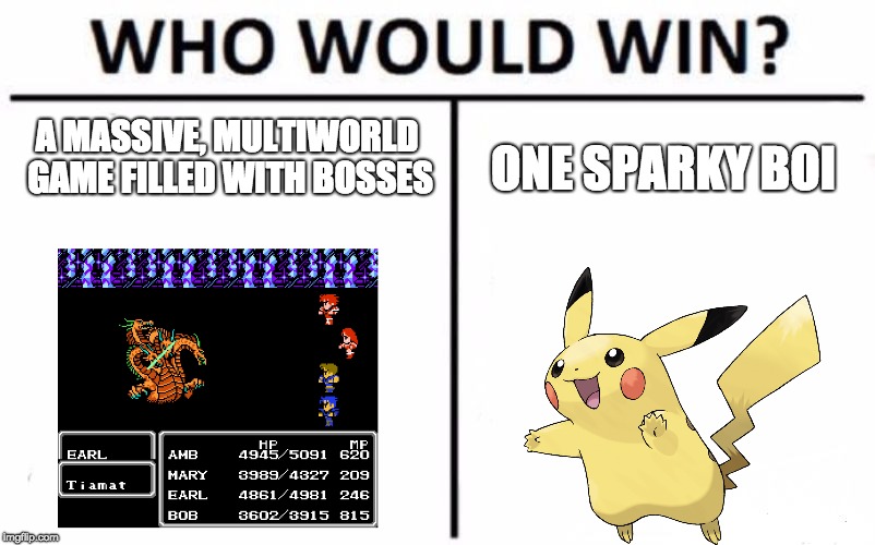 Who Would Win? Meme | A MASSIVE, MULTIWORLD GAME FILLED WITH BOSSES; ONE SPARKY BOI | image tagged in memes,who would win | made w/ Imgflip meme maker