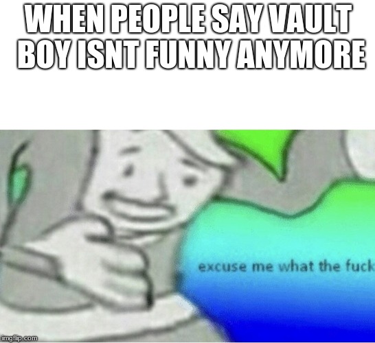 Excuse me wtf blank template | WHEN PEOPLE SAY VAULT BOY ISNT FUNNY ANYMORE | image tagged in excuse me wtf blank template | made w/ Imgflip meme maker