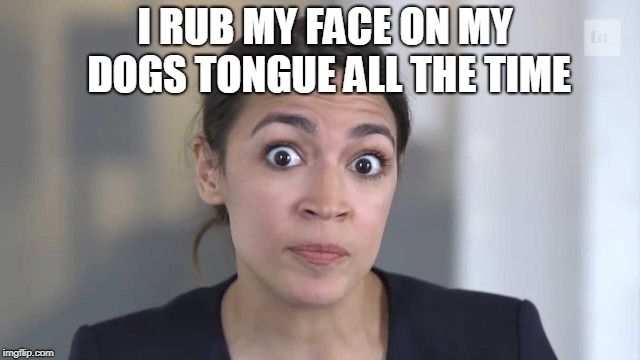 Crazy Alexandria Ocasio-Cortez | I RUB MY FACE ON MY DOGS TONGUE ALL THE TIME | image tagged in crazy alexandria ocasio-cortez | made w/ Imgflip meme maker