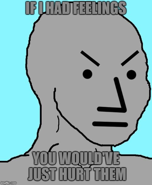 NPC meme angry | IF I HAD FEELINGS; YOU WOULD'VE JUST HURT THEM | image tagged in npc meme angry | made w/ Imgflip meme maker