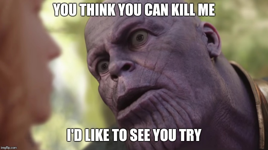 Thanos | YOU THINK YOU CAN KILL ME; I'D LIKE TO SEE YOU TRY | image tagged in thanos,oh really | made w/ Imgflip meme maker
