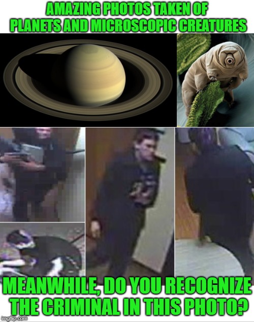 Surveillance footage sucks! | AMAZING PHOTOS TAKEN OF PLANETS AND MICROSCOPIC CREATURES; MEANWHILE, DO YOU RECOGNIZE THE CRIMINAL IN THIS PHOTO? | image tagged in criminal,photo of the day,science,expectation vs reality | made w/ Imgflip meme maker