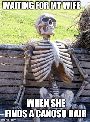 Waiting Skeleton | WAITING FOR MY WIFE; WHEN SHE FINDS A CANOSO HAIR | image tagged in memes,waiting skeleton | made w/ Imgflip meme maker