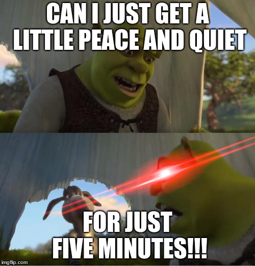 Shrek For Five Minutes | CAN I JUST GET A LITTLE PEACE AND QUIET; FOR JUST FIVE MINUTES!!! | image tagged in shrek for five minutes | made w/ Imgflip meme maker