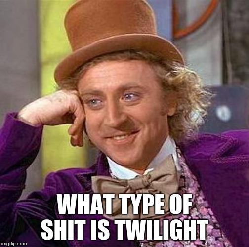 Creepy Condescending Wonka | WHAT TYPE OF SHIT IS TWILIGHT | image tagged in memes,creepy condescending wonka | made w/ Imgflip meme maker