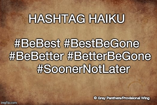 Hashtag Haiku | HASHTAG HAIKU; #BeBest #BestBeGone 
#BeBetter #BetterBeGone  
 #SoonerNotLater; © Gray Panthers/Provisional Wing | image tagged in politics,humor,poetry | made w/ Imgflip meme maker