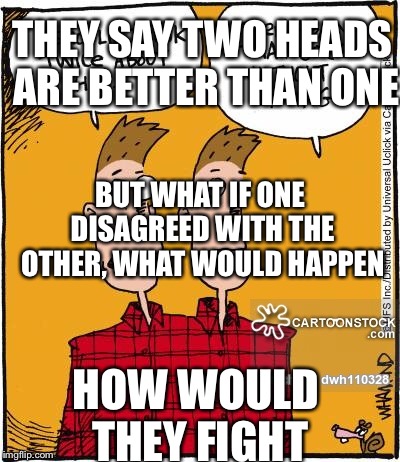 Two heads | THEY SAY TWO HEADS ARE BETTER THAN ONE; BUT WHAT IF ONE DISAGREED WITH THE OTHER, WHAT WOULD HAPPEN; HOW WOULD THEY FIGHT | image tagged in funny | made w/ Imgflip meme maker