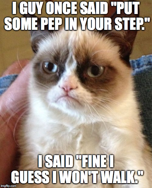 Cheer up | I GUY ONCE SAID "PUT SOME PEP IN YOUR STEP."; I SAID "FINE I GUESS I WON'T WALK." | image tagged in memes,grumpy cat | made w/ Imgflip meme maker