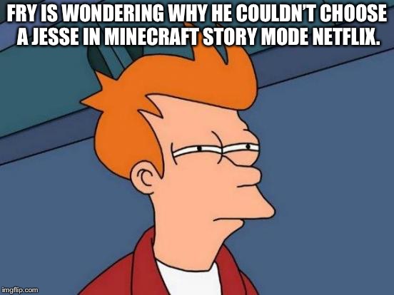 Futurama Fry Meme | FRY IS WONDERING WHY HE COULDN’T CHOOSE A JESSE IN MINECRAFT STORY MODE NETFLIX. | image tagged in memes,futurama fry | made w/ Imgflip meme maker