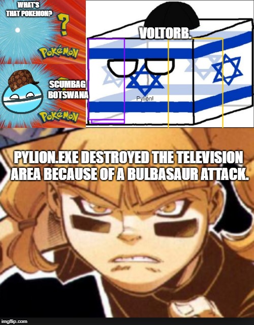 WHAT'S THAT POKEMON? VOLTORB. SCUMBAG BOTSWANA; PYLION.EXE DESTROYED THE TELEVISION AREA BECAUSE OF A BULBASAUR ATTACK. | image tagged in who is that pokemon,scumbag | made w/ Imgflip meme maker