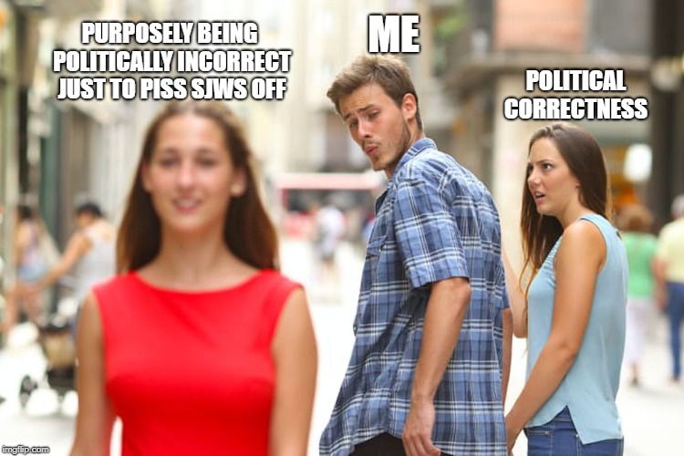 Distracted Boyfriend | ME; PURPOSELY BEING POLITICALLY INCORRECT JUST TO PISS SJWS OFF; POLITICAL CORRECTNESS | image tagged in memes,distracted boyfriend | made w/ Imgflip meme maker