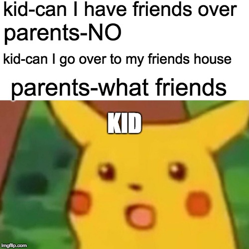 Surprised Pikachu Meme | kid-can I have friends over; parents-NO; kid-can I go over to my friends house; parents-what friends; KID | image tagged in memes,surprised pikachu | made w/ Imgflip meme maker