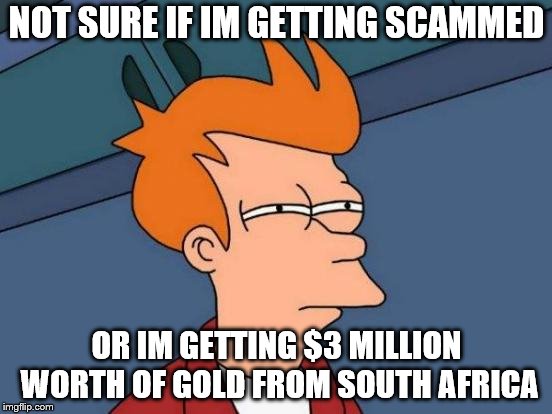 Junk Emails | NOT SURE IF IM GETTING SCAMMED; OR IM GETTING $3 MILLION WORTH OF GOLD FROM SOUTH AFRICA | image tagged in memes,futurama fry | made w/ Imgflip meme maker