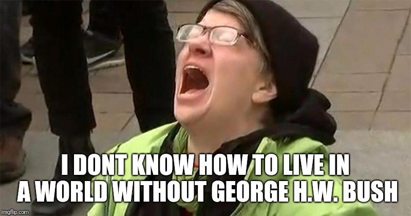 crying liberal | I DONT KNOW HOW TO LIVE IN A WORLD WITHOUT GEORGE H.W. BUSH | image tagged in crying liberal | made w/ Imgflip meme maker