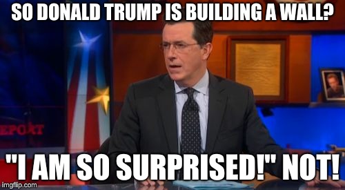 Speechless Colbert Face Meme | SO DONALD TRUMP IS BUILDING A WALL? "I AM SO SURPRISED!" NOT! | image tagged in memes,speechless colbert face | made w/ Imgflip meme maker