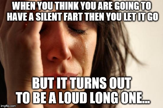 First World Problems | WHEN YOU THINK YOU ARE GOING TO HAVE A SILENT FART THEN YOU LET IT GO; BUT IT TURNS OUT TO BE A LOUD LONG ONE... | image tagged in memes,first world problems | made w/ Imgflip meme maker