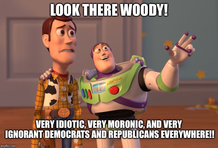 BOTH sides are complete (inter bad word here)!! | LOOK THERE WOODY! VERY IDIOTIC, VERY MORONIC, AND VERY IGNORANT DEMOCRATS AND REPUBLICANS EVERYWHERE!! | image tagged in memes,x x everywhere | made w/ Imgflip meme maker