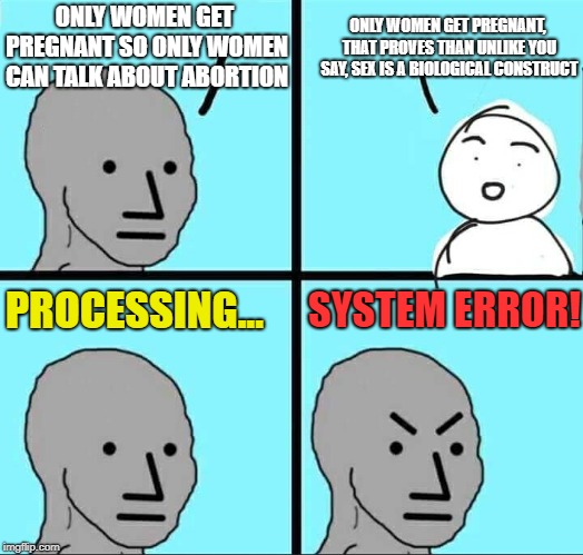 NPC Meme | ONLY WOMEN GET PREGNANT, THAT PROVES THAN UNLIKE YOU SAY, SEX IS A BIOLOGICAL CONSTRUCT; ONLY WOMEN GET PREGNANT SO ONLY WOMEN CAN TALK ABOUT ABORTION; PROCESSING... SYSTEM ERROR! | image tagged in npc meme | made w/ Imgflip meme maker