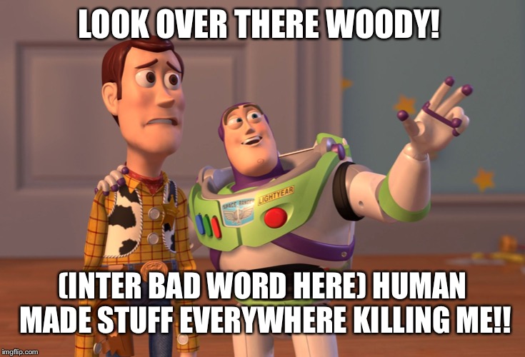 I HATE HUMAN MADE STUFF!!!! IT IS KILLING ALL OF THE LIFE ON THIS PLANET!!!! I abhor consumerism....... | LOOK OVER THERE WOODY! (INTER BAD WORD HERE) HUMAN MADE STUFF EVERYWHERE KILLING ME!! | image tagged in memes,x x everywhere | made w/ Imgflip meme maker