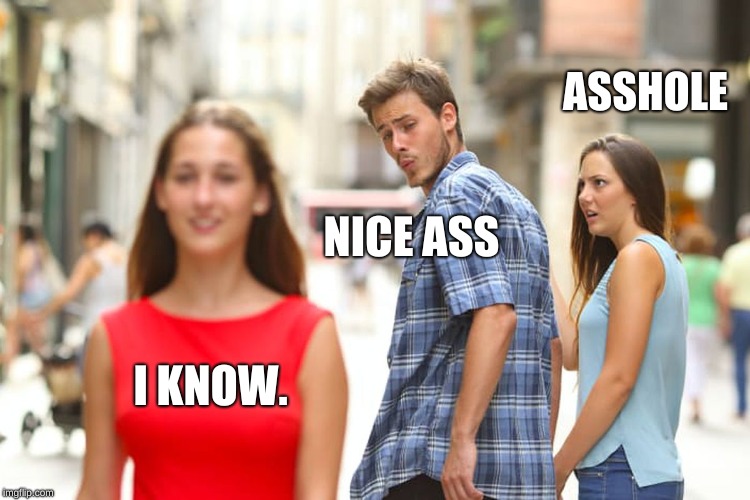 Distracted Boyfriend | ASSHOLE; NICE ASS; I KNOW. | image tagged in memes,distracted boyfriend | made w/ Imgflip meme maker