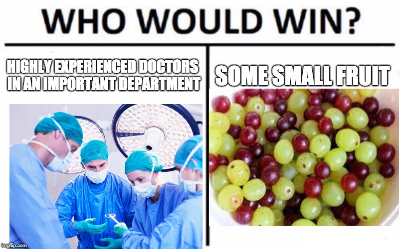 Who Would Win? | HIGHLY EXPERIENCED DOCTORS IN AN IMPORTANT DEPARTMENT; SOME SMALL FRUIT | image tagged in memes,who would win,surgery,grape,they did surgery on a grape,fruit | made w/ Imgflip meme maker