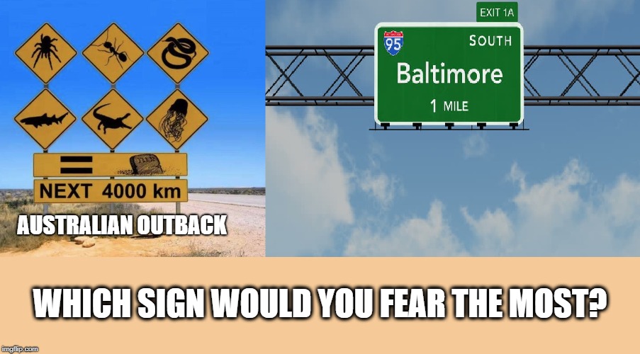 Which is more Dangerous? | AUSTRALIAN OUTBACK; WHICH SIGN WOULD YOU FEAR THE MOST? | image tagged in baltimore,meme,news | made w/ Imgflip meme maker