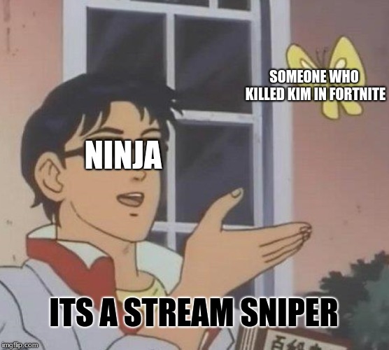 Is This A Pigeon Meme | SOMEONE WHO KILLED KIM IN FORTNITE; NINJA; ITS A STREAM SNIPER | image tagged in memes,is this a pigeon | made w/ Imgflip meme maker