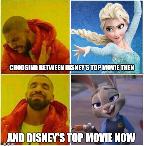 Zootopia vs Frozen - Drake Decides | CHOOSING BETWEEN DISNEY'S TOP MOVIE THEN; AND DISNEY'S TOP MOVIE NOW | image tagged in drake hotline approves,zootopia,frozen,judy hopps,parody,funny | made w/ Imgflip meme maker