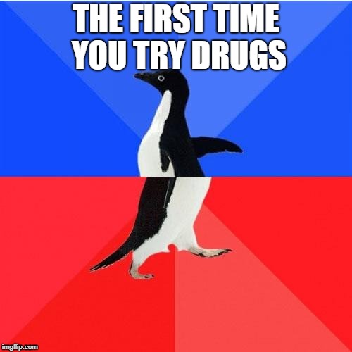 Socially Awkward Awesome Penguin Meme | THE FIRST TIME YOU TRY DRUGS | image tagged in memes,socially awkward awesome penguin | made w/ Imgflip meme maker