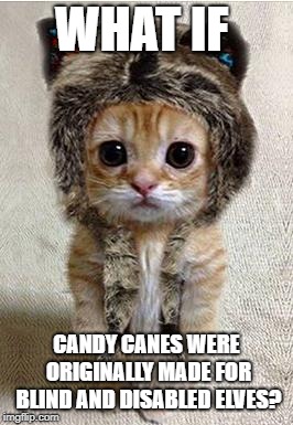 Evil Cat has questions | WHAT IF; CANDY CANES WERE ORIGINALLY MADE FOR BLIND AND DISABLED ELVES? | image tagged in evil cat has questions | made w/ Imgflip meme maker