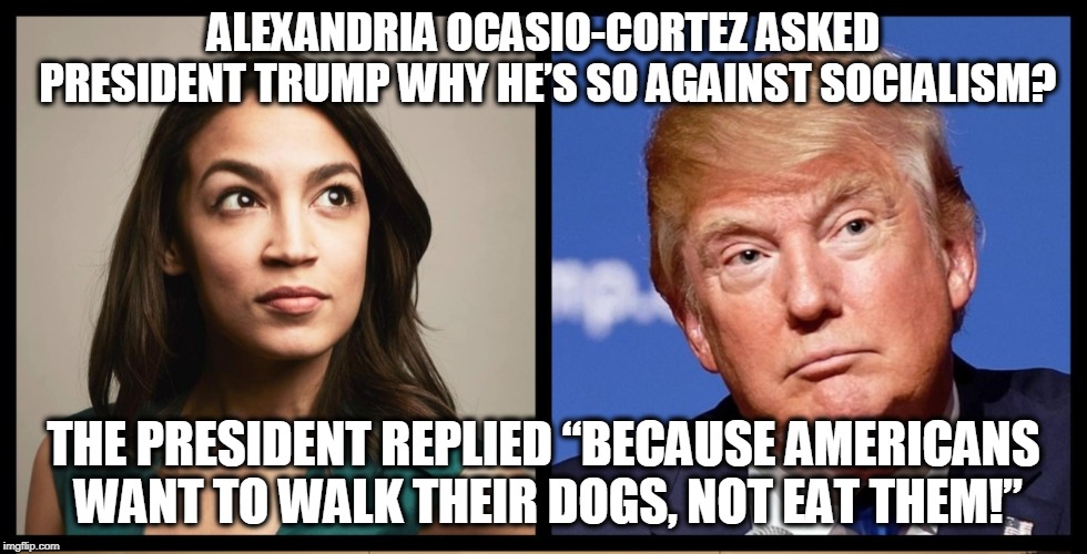 Capitalism vs. Socialism | ALEXANDRIA OCASIO-CORTEZ ASKED PRESIDENT TRUMP WHY HE’S SO AGAINST SOCIALISM? THE PRESIDENT REPLIED “BECAUSE AMERICANS WANT TO WALK THEIR DOGS, NOT EAT THEM!” | image tagged in alexandria ocasio-cortez,president trump,socialism | made w/ Imgflip meme maker