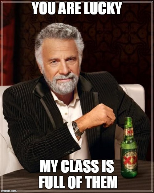 The Most Interesting Man In The World Meme | YOU ARE LUCKY MY CLASS IS FULL OF THEM | image tagged in memes,the most interesting man in the world | made w/ Imgflip meme maker