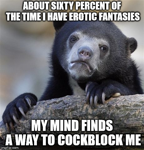 Confession Bear Meme | ABOUT SIXTY PERCENT OF THE TIME I HAVE EROTIC FANTASIES; MY MIND FINDS A WAY TO COCKBLOCK ME | image tagged in memes,confession bear,AdviceAnimals | made w/ Imgflip meme maker