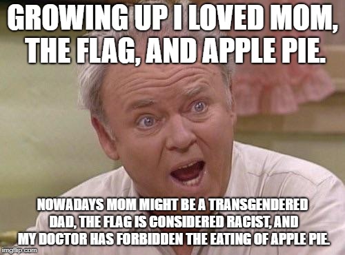 Archie Bunker | GROWING UP I LOVED MOM, THE FLAG, AND APPLE PIE. NOWADAYS MOM MIGHT BE A TRANSGENDERED DAD, THE FLAG IS CONSIDERED RACIST, AND MY DOCTOR HAS FORBIDDEN THE EATING OF APPLE PIE. | image tagged in archie bunker | made w/ Imgflip meme maker